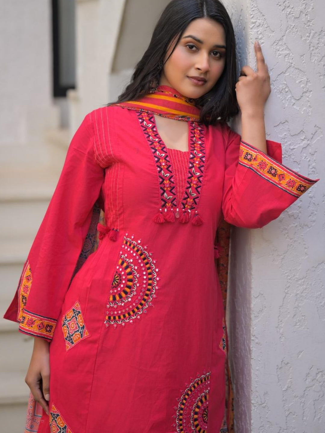 Deep Rose Pink Pure Cotton A-Line Kurta Set with Applique Work and Mirror Embroidery