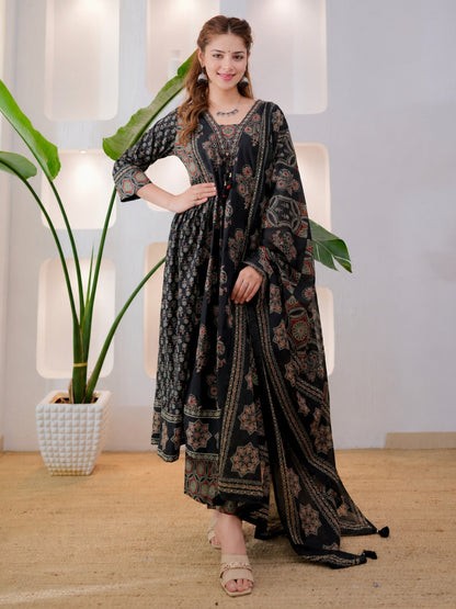 Black Cotton Ajrakh Printed Kurta Set with Dupatta