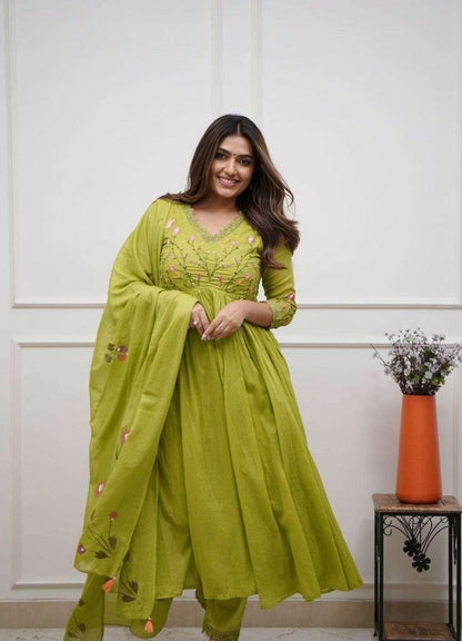 Lime Green Cotton Embroidered Anarkali Suit Set for Women with Dupatta