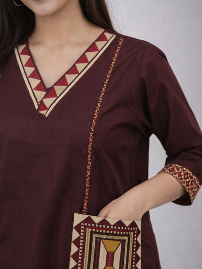 Wine Dabu Cotton A-Line Kurta Set with Embroidered Pockets