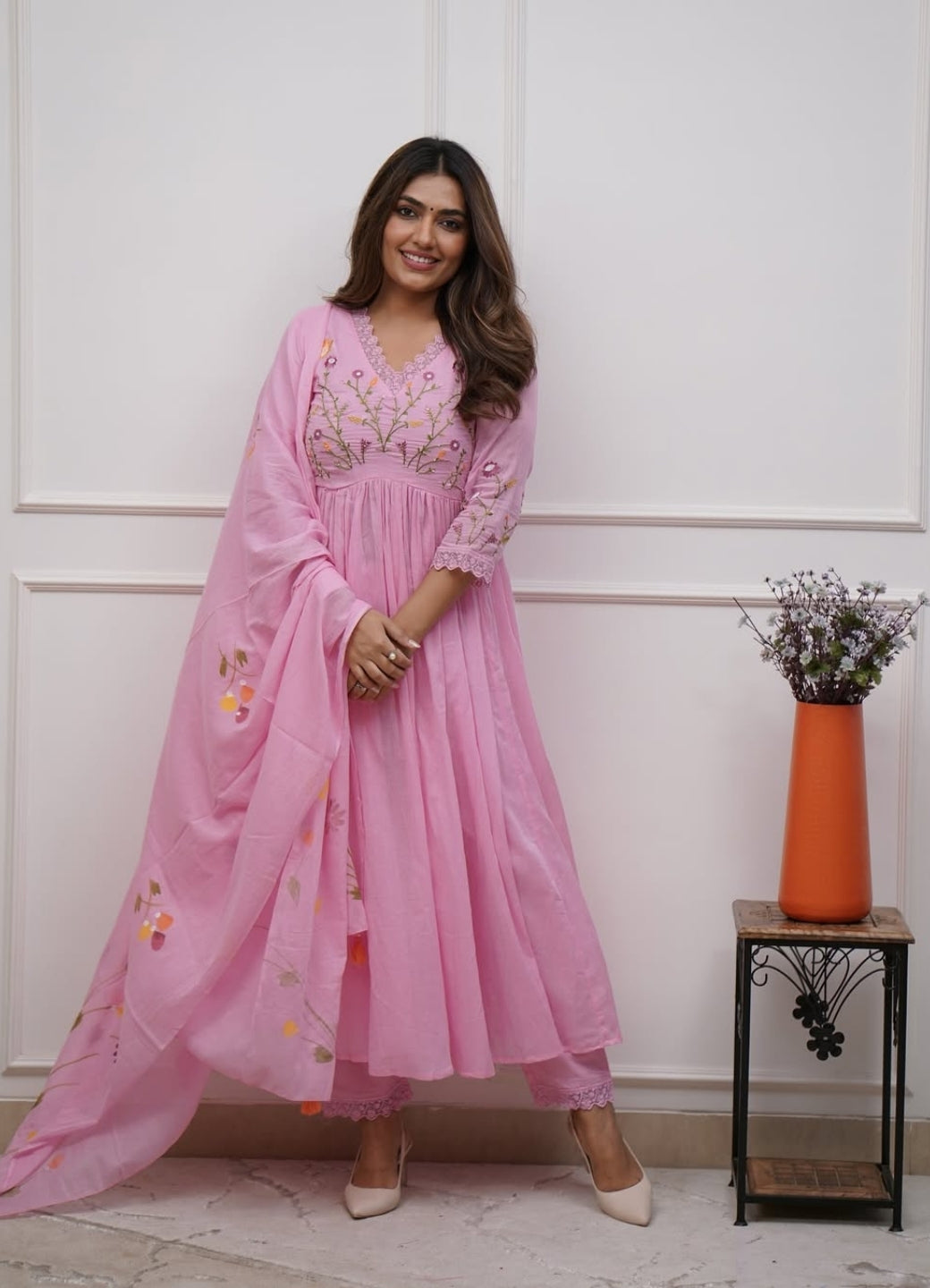 Pink Cotton Embroidered Anarkali Suit Set for Women with Dupatta