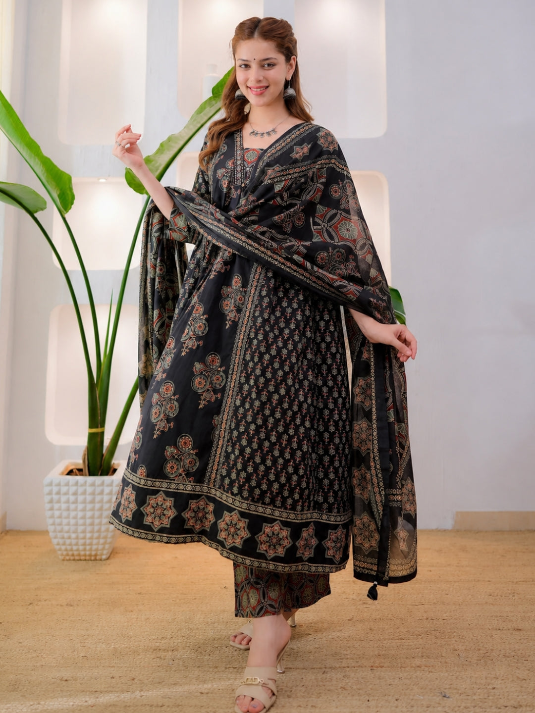 Black Cotton Ajrakh Printed Kurta Set with Dupatta