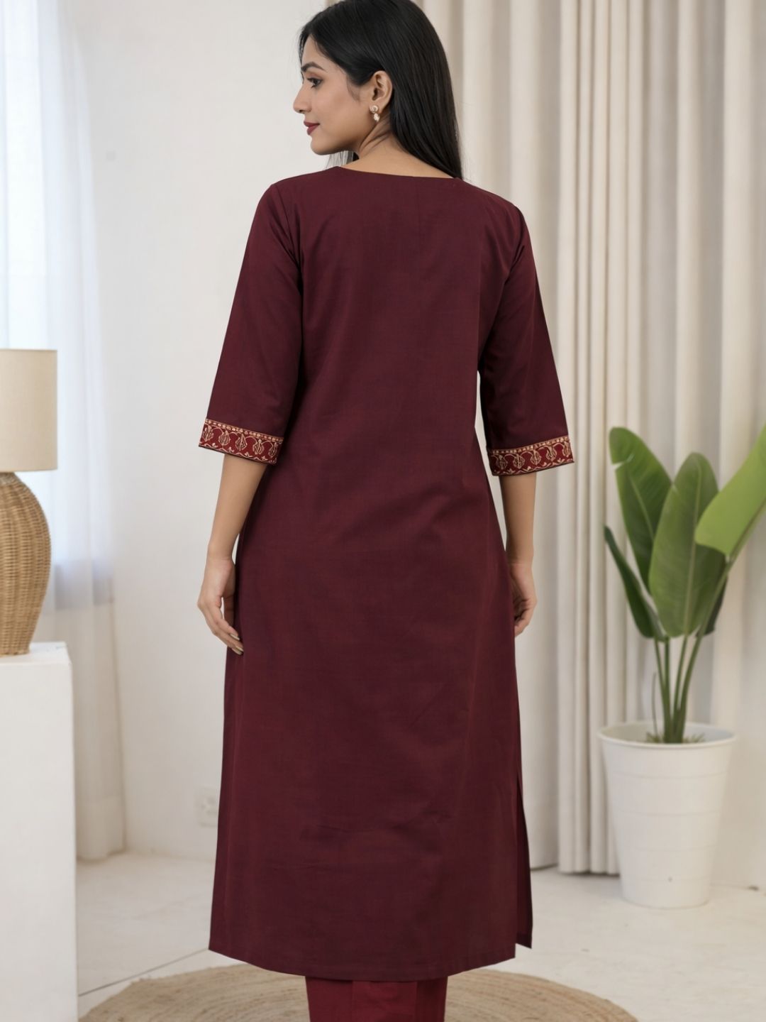Wine Dabu Cotton A-Line Kurta Set with Embroidered Pockets