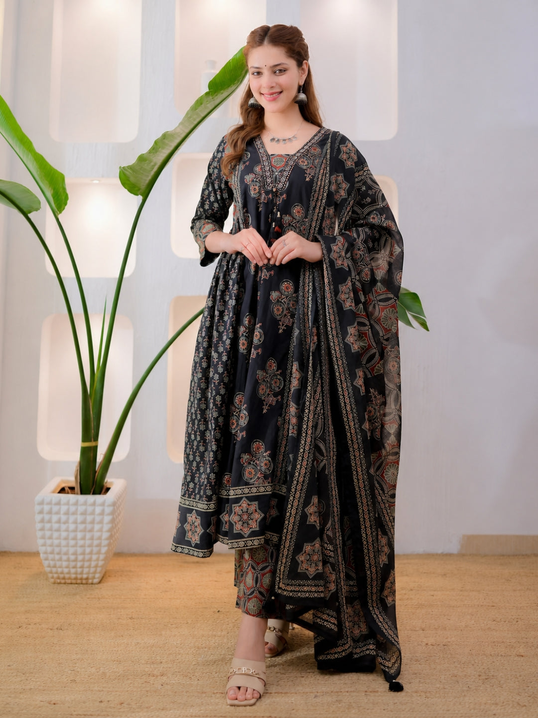 Black Cotton Ajrakh Printed Kurta Set with Dupatta