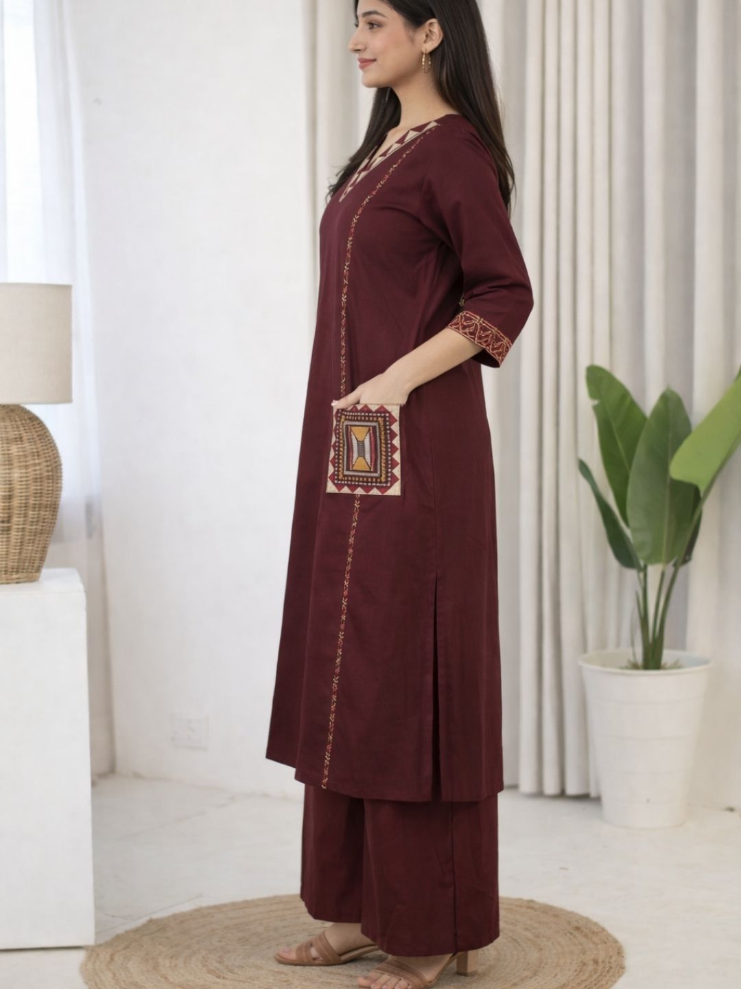 Wine Dabu Cotton A-Line Kurta Set with Embroidered Pockets