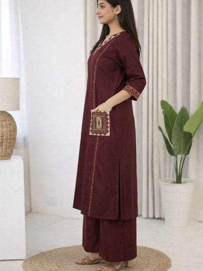 Wine Dabu Cotton A-Line Kurta Set with Embroidered Pockets