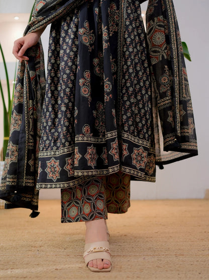 Black Cotton Ajrakh Printed Kurta Set with Dupatta