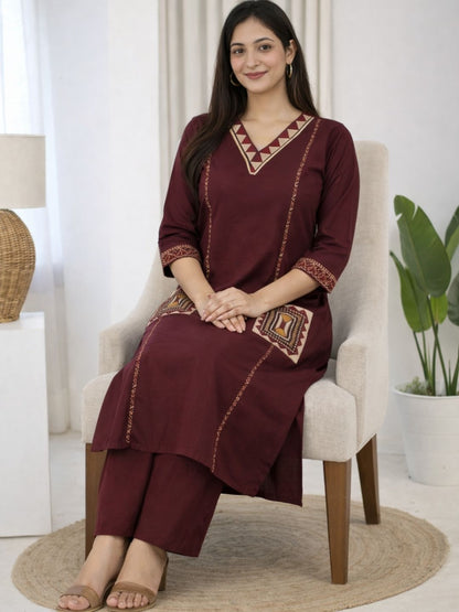 Wine Dabu Cotton A-Line Kurta Set with Embroidered Pockets