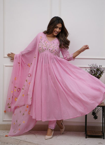 Pink Cotton Embroidered Anarkali Suit Set for Women with Dupatta