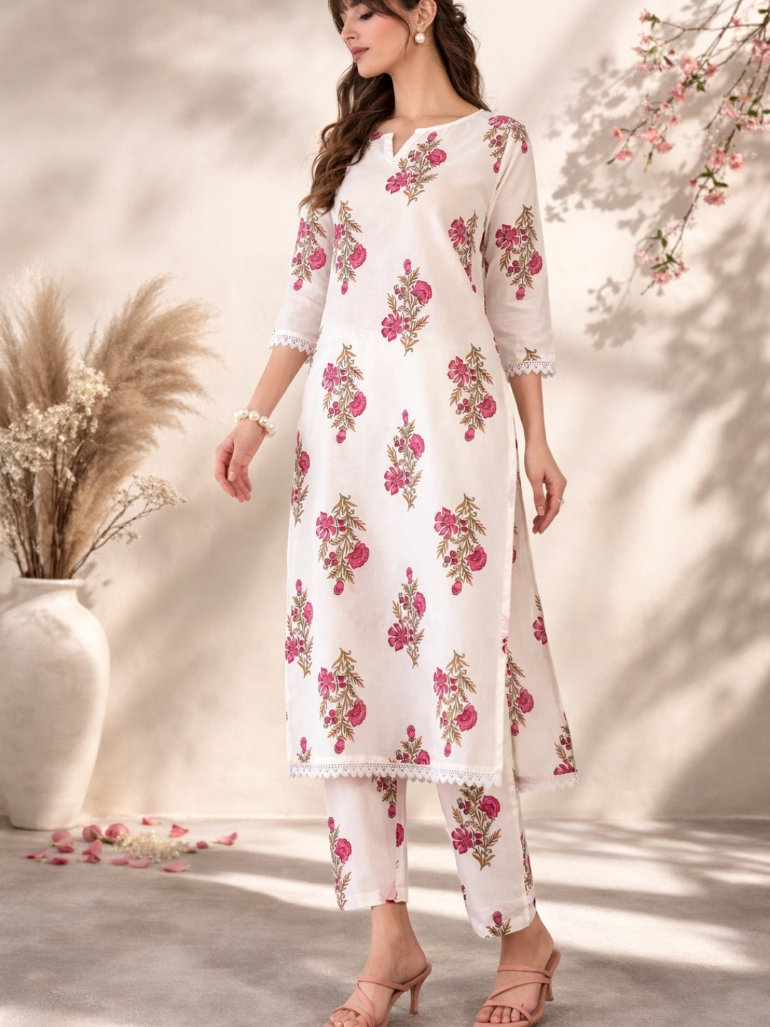 Off White Cotton Kurta Pant Set with Floral Print