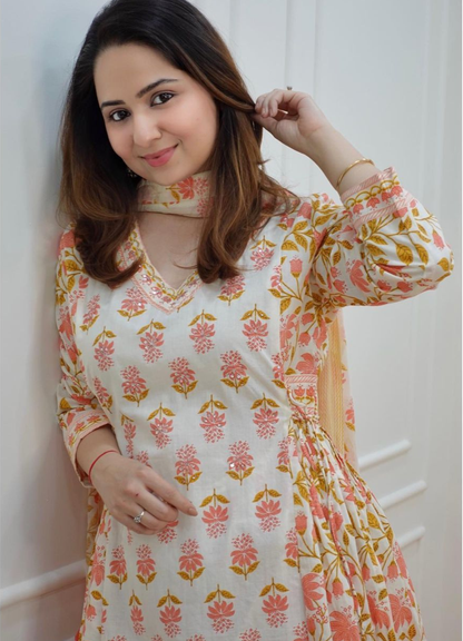 Cream Peach Cotton Afghani Suit Set with Floral Print – Ethnic Wear