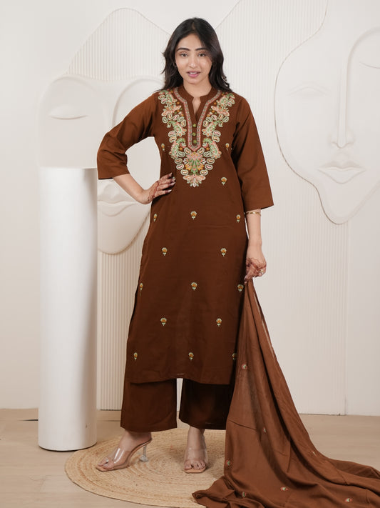 Brown Embroidered Cotton Flex Kurta Palazzo Set with Dupatta