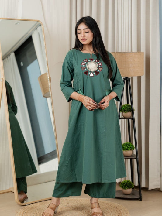 Deep Teal Dabu Cotton A-Line Kurta Set with Handcrafted Mirror Work Embroidery