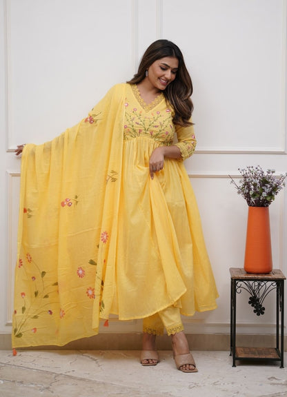 Yellow Cotton Embroidered Anarkali Suit Set for Women