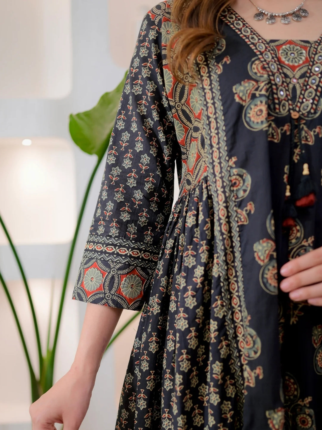Black Cotton Ajrakh Printed Kurta Set with Dupatta