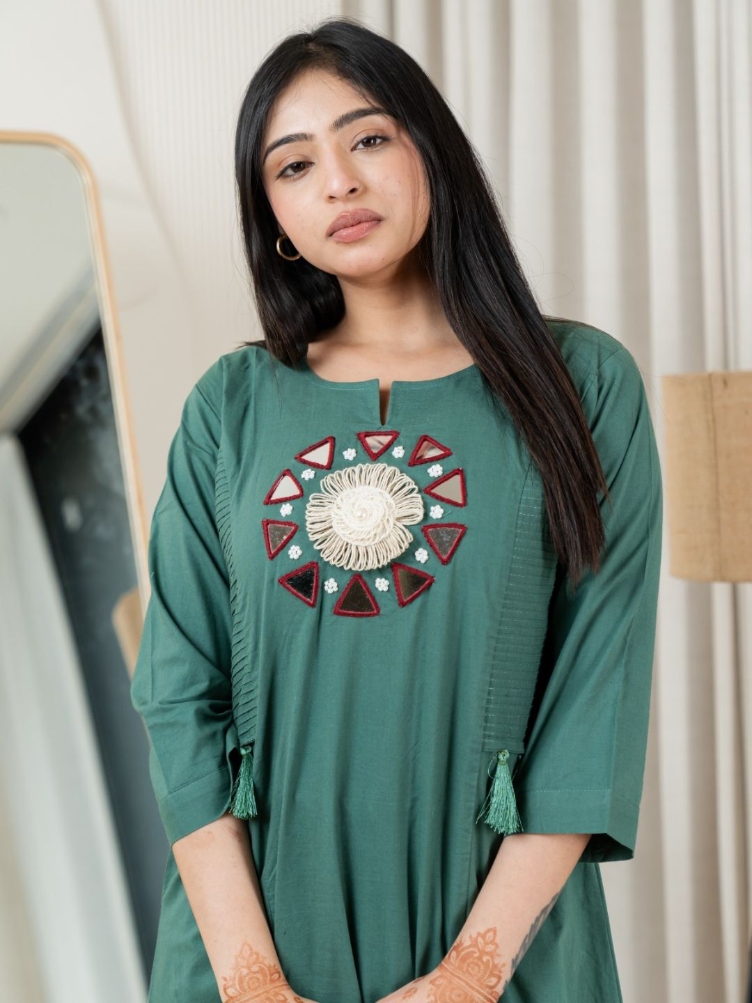 Deep Teal Dabu Cotton A-Line Kurta Set with Handcrafted Mirror Work Embroidery