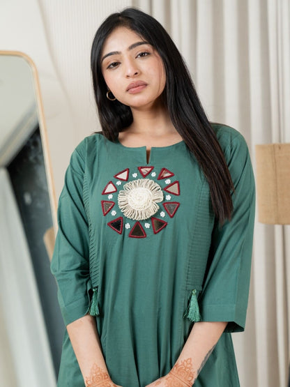 Deep Teal Dabu Cotton A-Line Kurta Set with Handcrafted Mirror Work Embroidery