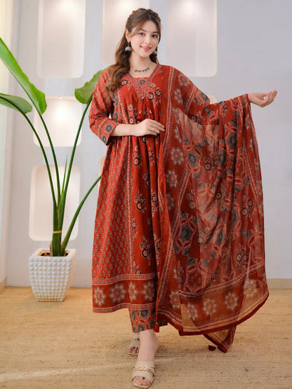 Rust Brown Cotton Ajrakh Printed Kurta Set with Dupatta