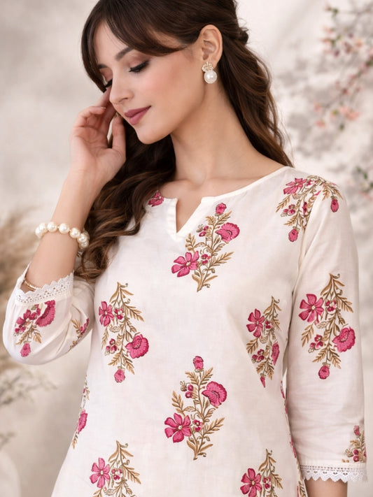 Off White Cotton Kurta Pant Set with Floral Print