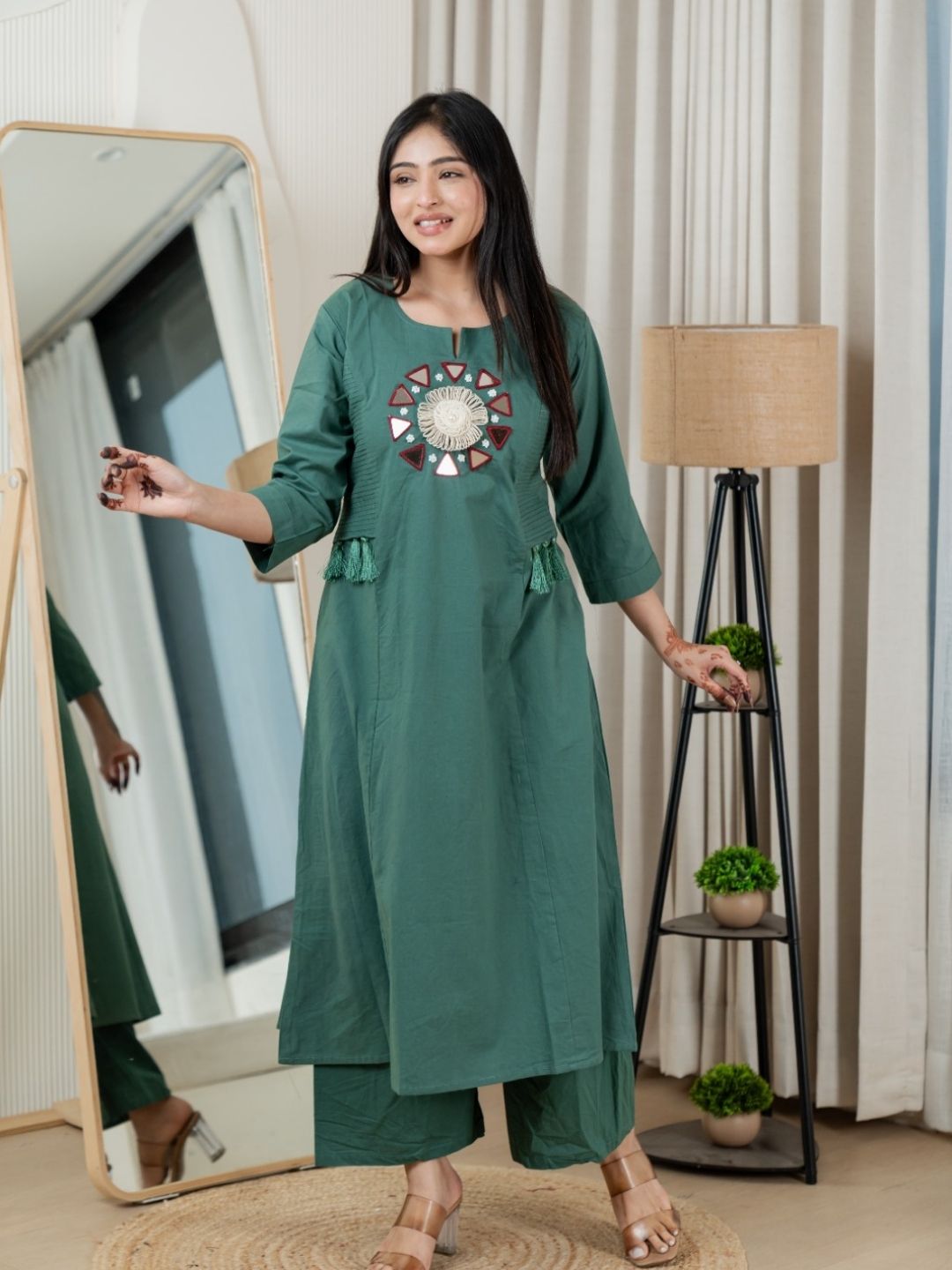 Deep Teal Dabu Cotton A-Line Kurta Set with Handcrafted Mirror Work Embroidery