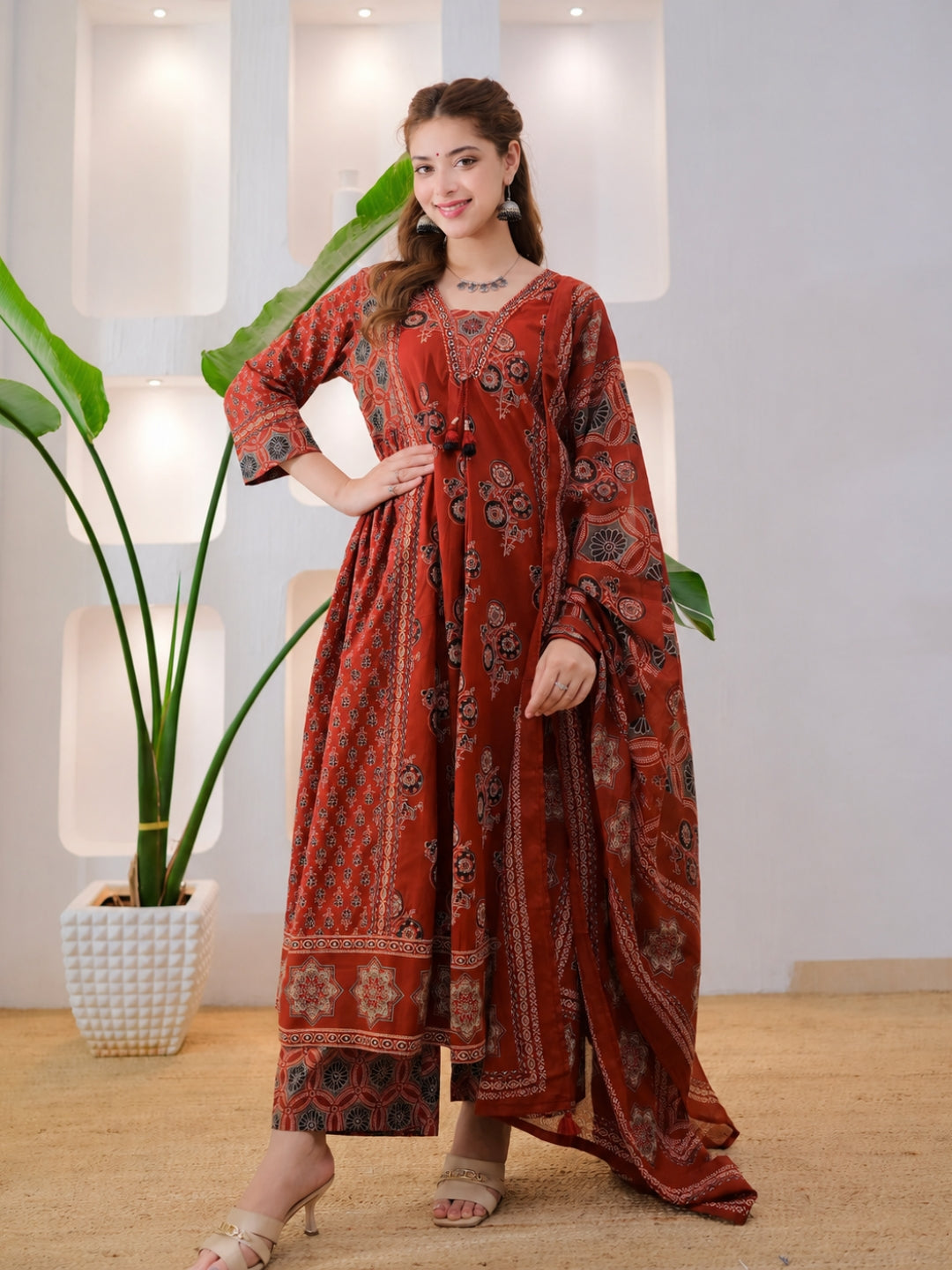 Rust Brown Cotton Ajrakh Printed Kurta Set with Dupatta