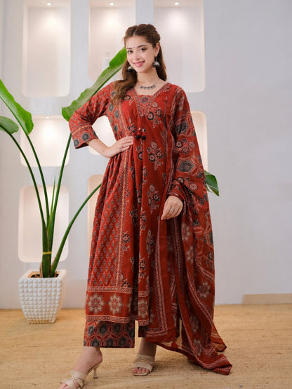 Rust Brown Cotton Ajrakh Printed Kurta Set with Dupatta