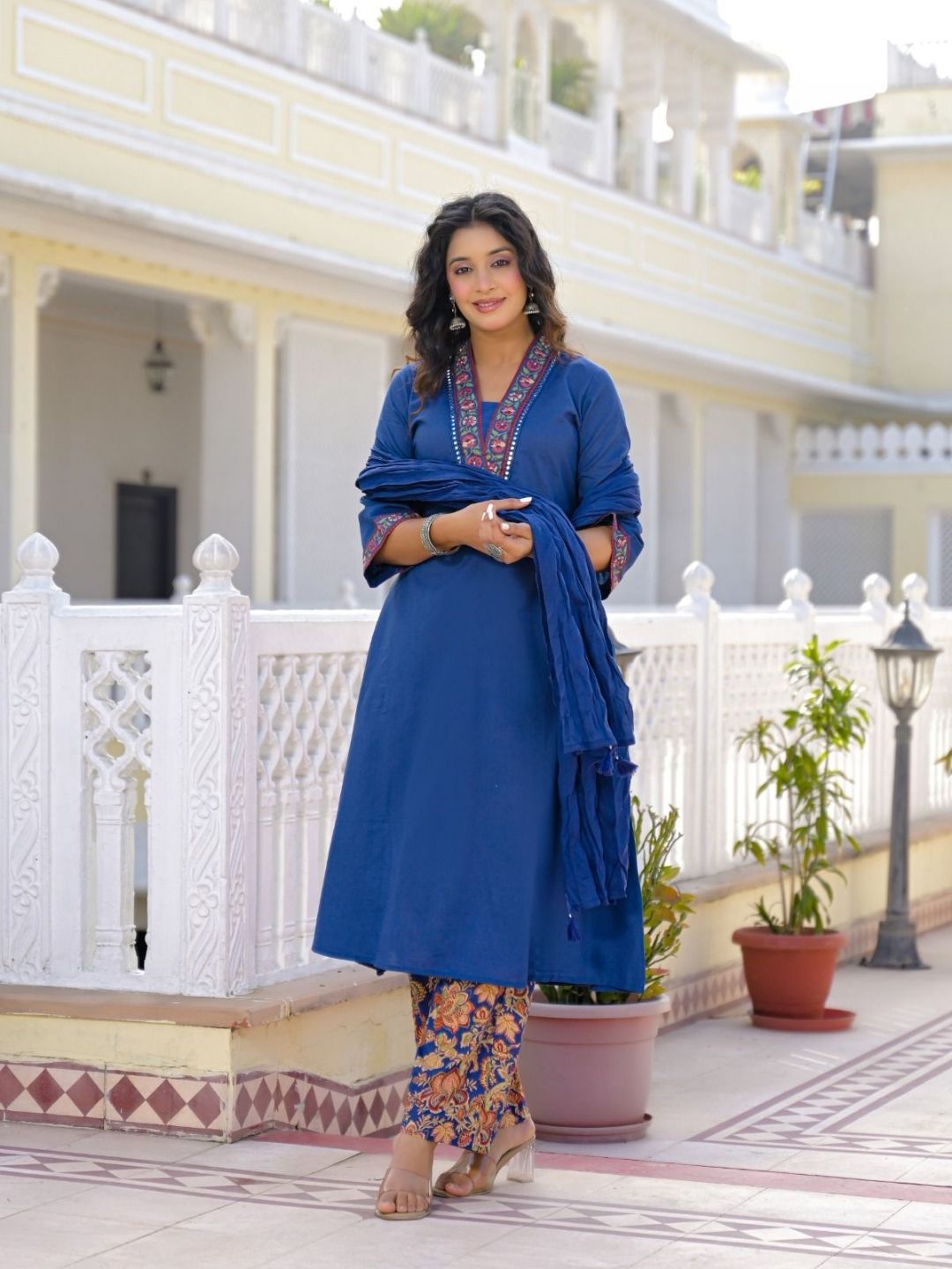 Royal Blue Premium Cotton Kurta Set with Handworked Embroidered Neckline