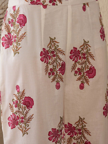 Off White Cotton Kurta Pant Set with Floral Print