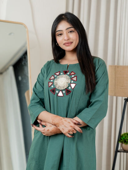 Deep Teal Dabu Cotton A-Line Kurta Set with Handcrafted Mirror Work Embroidery