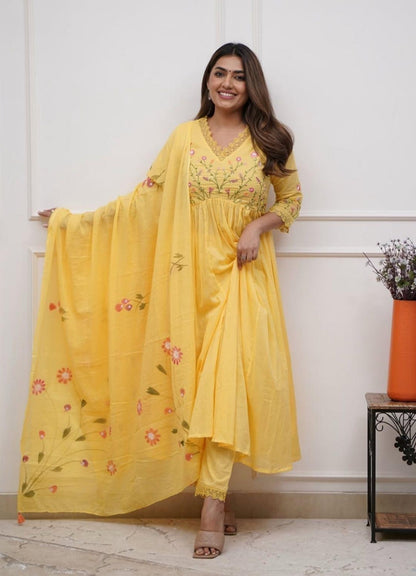 Yellow Cotton Embroidered Anarkali Suit Set for Women