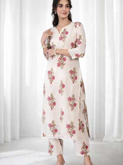 Off White Cotton Kurta Pant Set with Floral Print
