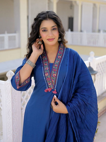 Royal Blue Premium Cotton Kurta Set with Handworked Embroidered Neckline