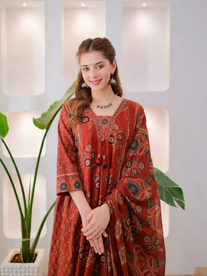 Rust Brown Cotton Ajrakh Printed Kurta Set with Dupatta