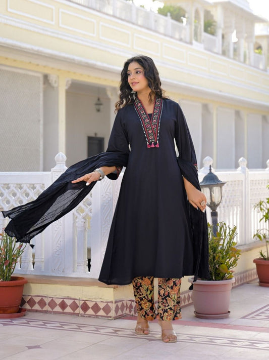 Black Premium Cotton Kurta Set with Handworked Embroidered Neckline