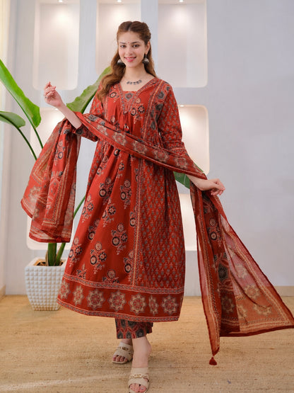 Rust Brown Cotton Ajrakh Printed Kurta Set with Dupatta