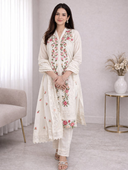 Cream Cotton Kurta Set with Schiffli Work Embroidery – Festive & Casual Wear