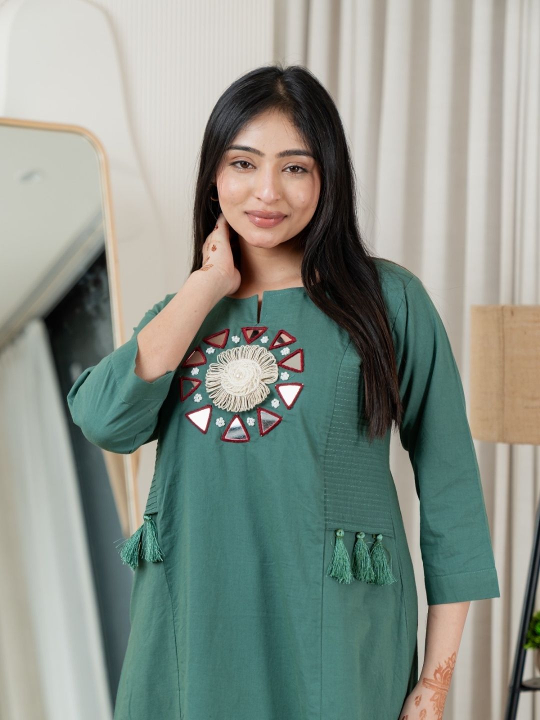 Deep Teal Dabu Cotton A-Line Kurta Set with Handcrafted Mirror Work Embroidery