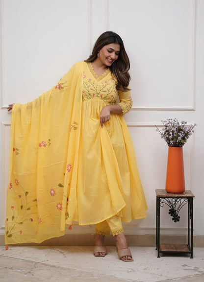 Yellow Cotton Embroidered Anarkali Suit Set for Women