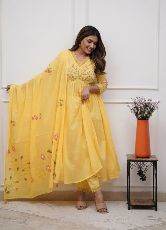 Yellow Cotton Embroidered Anarkali Suit Set for Women