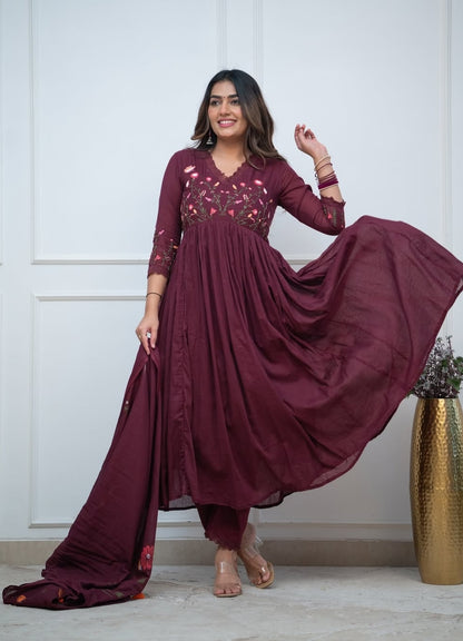 Wine Cotton Embroidered Anarkali Suit Set for Women with Dupatta