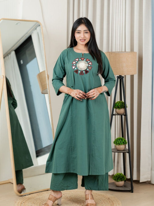 Deep Teal Dabu Cotton A-Line Kurta Set with Handcrafted Mirror Work Embroidery