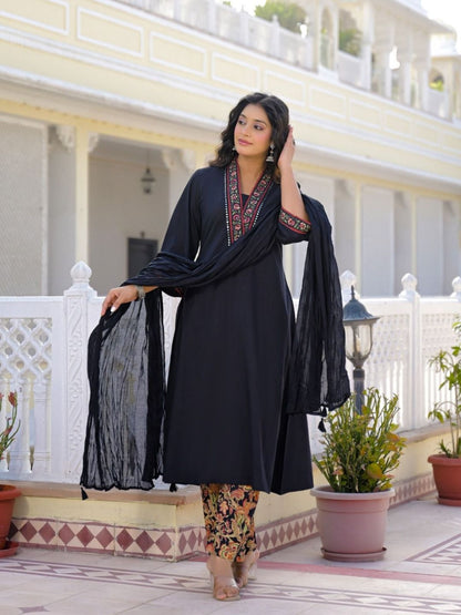 Black Premium Cotton Kurta Set with Handworked Embroidered Neckline