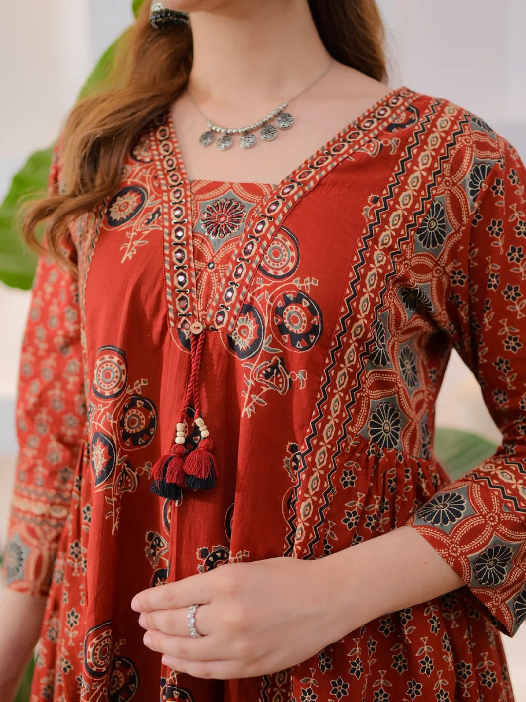 Rust Brown Cotton Ajrakh Printed Kurta Set with Dupatta