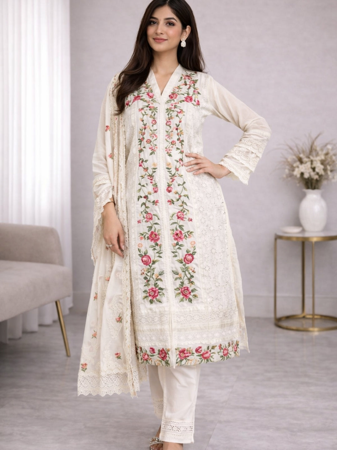 Cream Cotton Kurta Set with Schiffli Work Embroidery – Festive & Casual Wear
