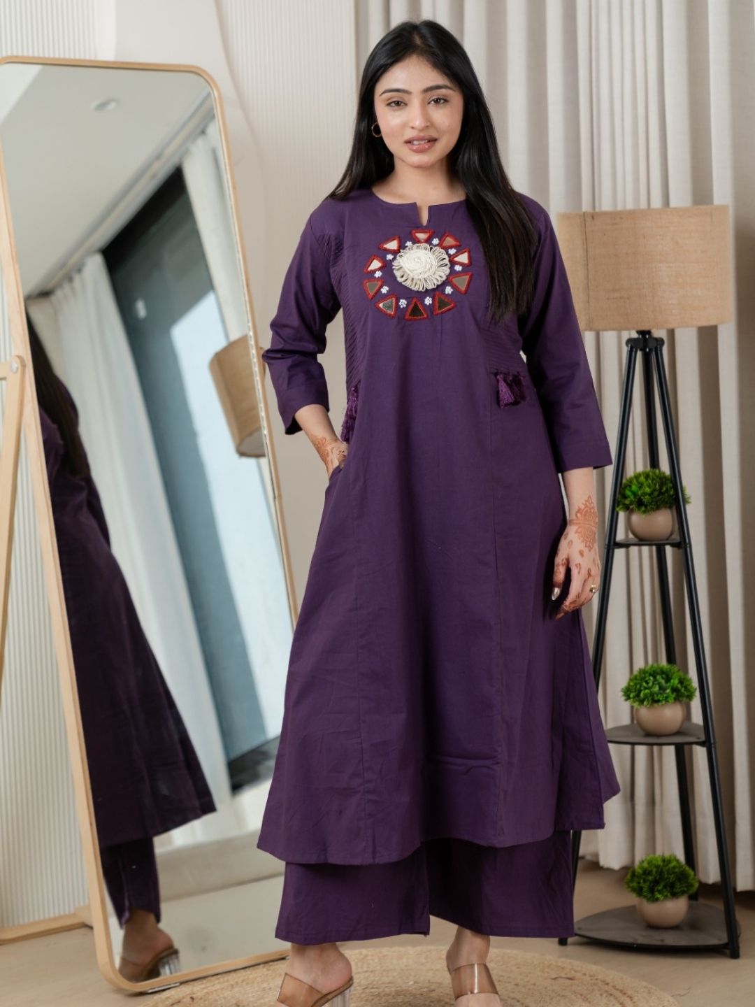 Plum Purple Dabu Cotton A-Line Kurta Set with Handcrafted Mirror Work Embroidery
