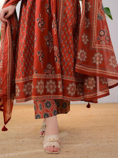 Rust Brown Cotton Ajrakh Printed Kurta Set with Dupatta