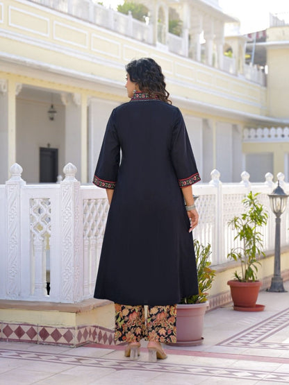 Black Premium Cotton Kurta Set with Handworked Embroidered Neckline