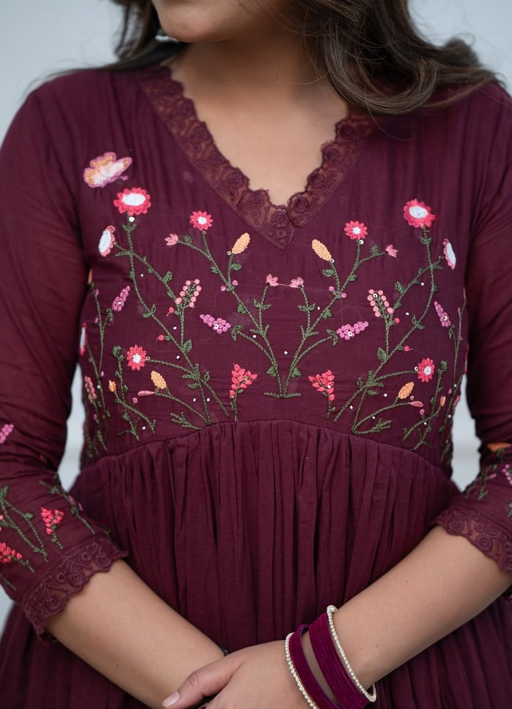 Wine Cotton Embroidered Anarkali Suit Set for Women with Dupatta