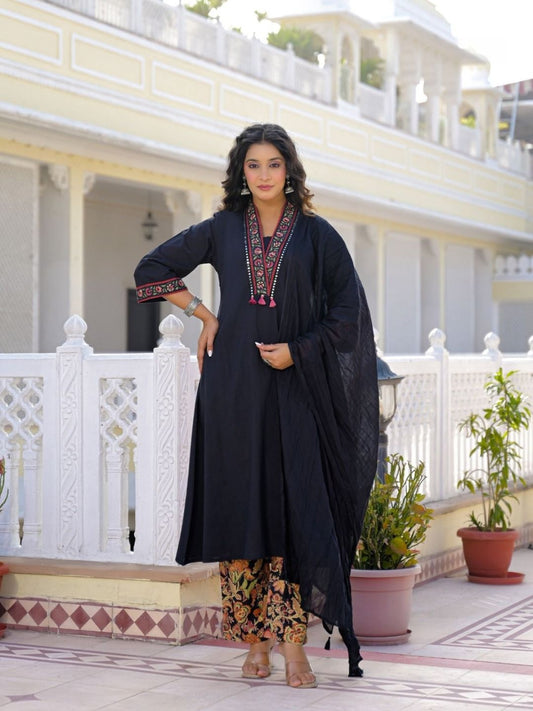 Black Premium Cotton Kurta Set with Handworked Embroidered Neckline