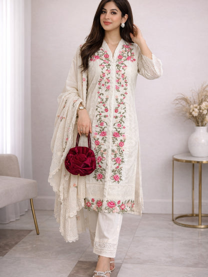 Cream Cotton Kurta Set with Schiffli Work Embroidery – Festive & Casual Wear